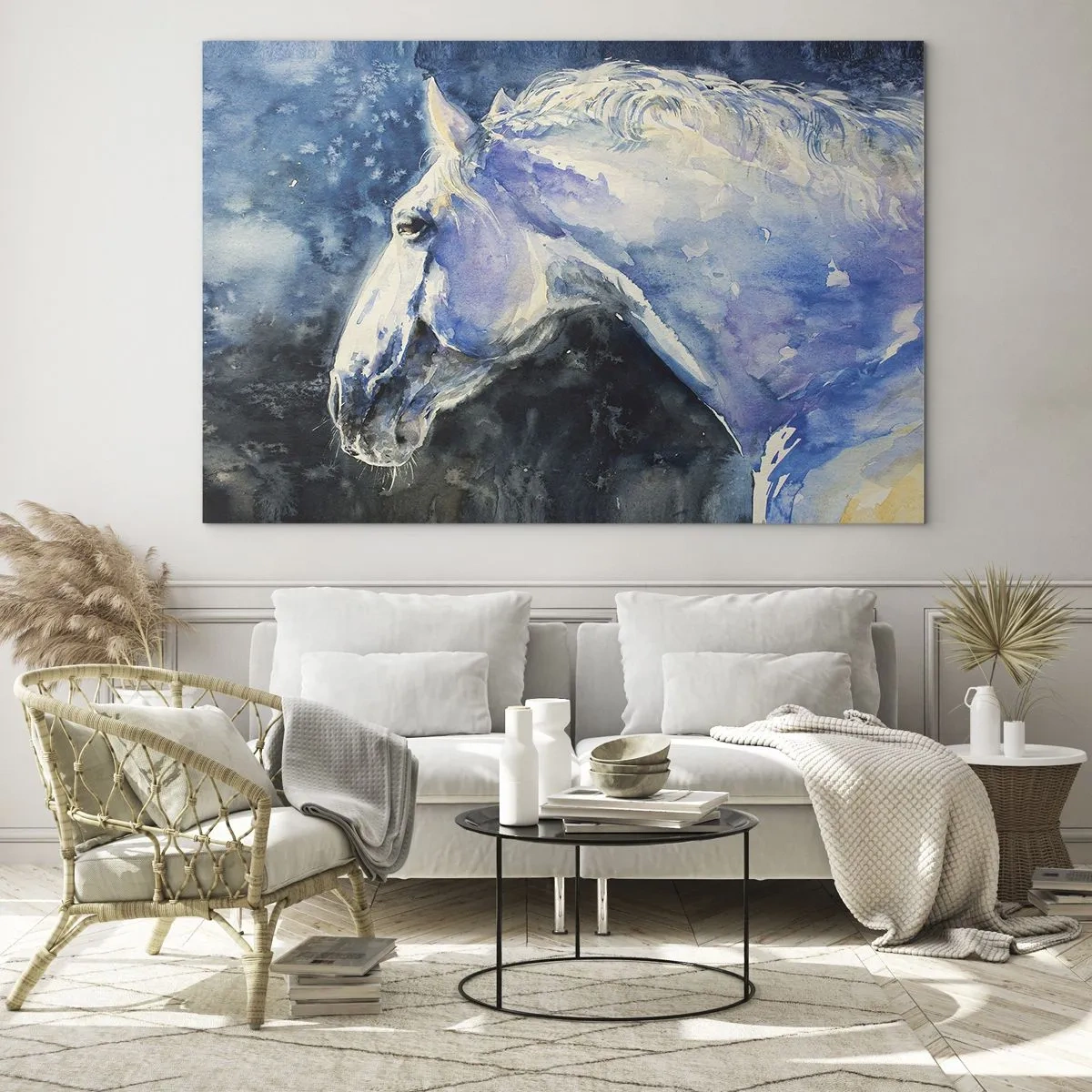 Tablou pe sticlă - Portret în acuarelă al unui cal în nuanțe de albastru - 70x50cm - Portret într-o strălucire albastră - Decorațiune modernă pentru perete pentru living și dormitor ARTTOR