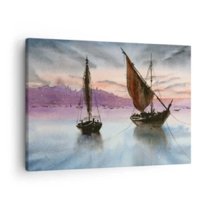 Tablou pe pânză Canvas - Două nave cu pânze ancorate pe ape calme la amurg - 70x50cm - O seară în port - Decorațiune modernă pentru perete pentru living și dormitor ARTTOR