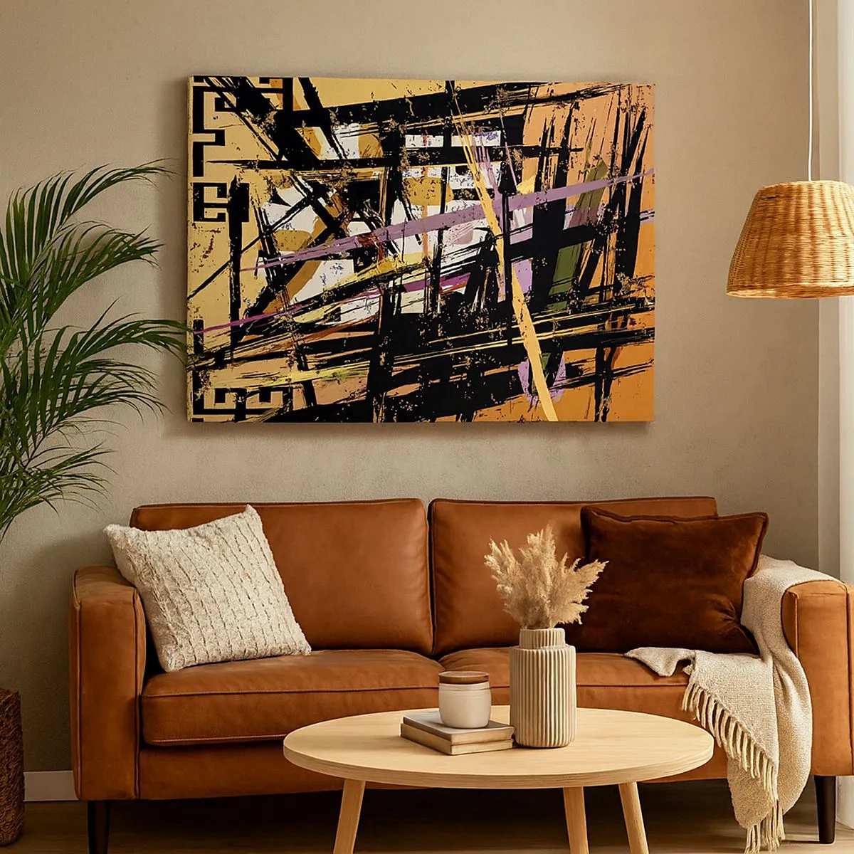 Tablou pe pânză Canvas - Linii și forme abstracte pe un fundal bej - 70x50cm - Tăietură ascuțită - Decorațiune modernă pentru perete pentru living și dormitor ARTTOR