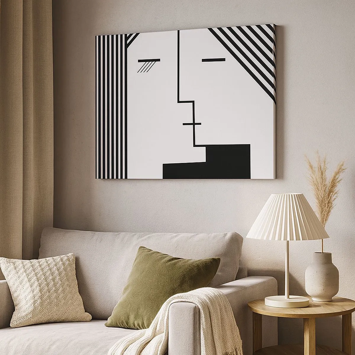 Tablou pe pânză Canvas - Abstracție geometrică a unui sărut în alb și negru - 70x50cm - Doar un sărut - Decorațiune modernă pentru perete pentru living și dormitor ARTTOR