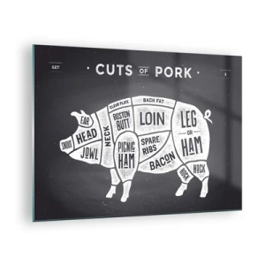 Tablou pe sticlă - Diagramă a bucăților de carne de porc pe o tablă neagră - 70x50cm - Abecedar de măcelar - Decorațiune modernă pentru perete pentru living și dormitor ARTTOR