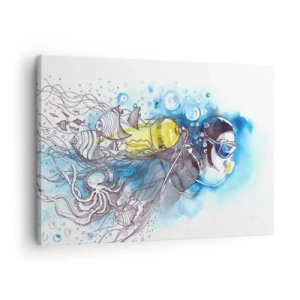 Tablou pe pânză Canvas - Scenă subacvatică cu un scafandru și pești exotici - 70x50cm - Marele albastru - Decorațiune modernă pentru perete pentru living și dormitor ARTTOR