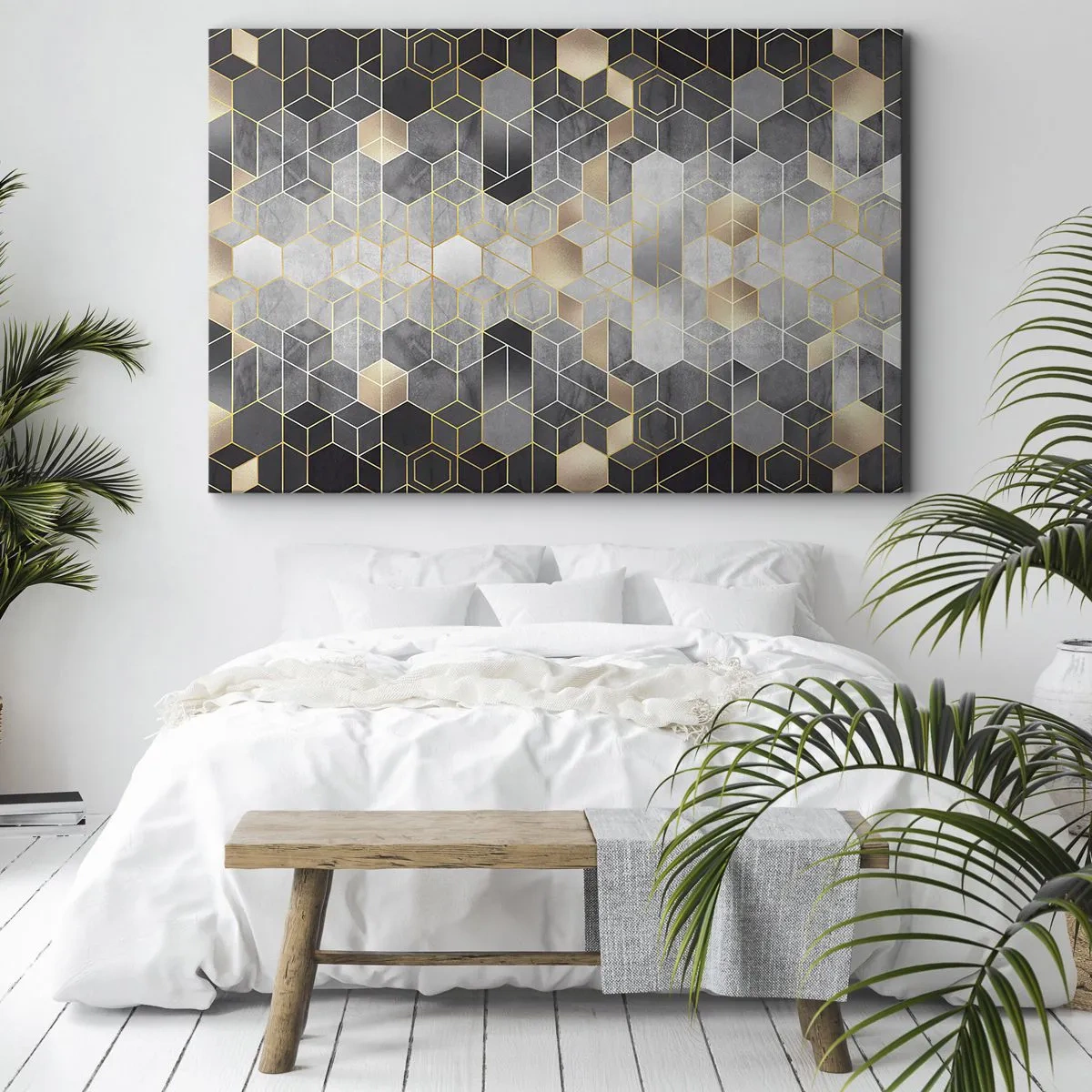 Tablou pe pânză Canvas - Model geometric în nuanțe aurii - 70x50cm - Compoziție diamantată - Decorațiune modernă pentru perete pentru living și dormitor ARTTOR