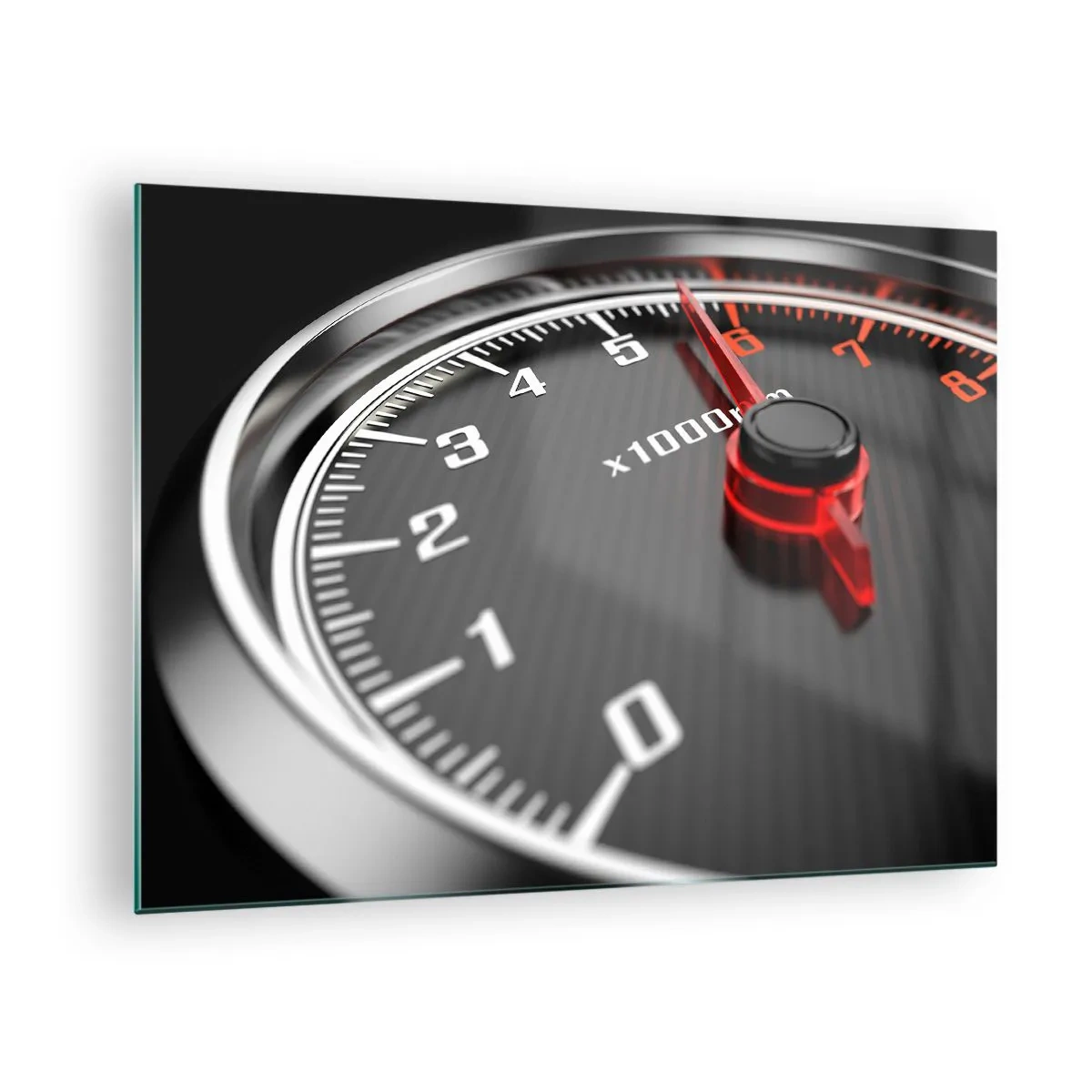 Tablou pe sticlă - Tahometru într-o mașină sport cu indicație roșie - 70x50cm - Bag-o în viteză! - Decorațiune modernă pentru perete pentru living și dormitor ARTTOR