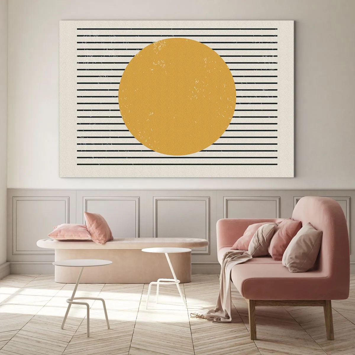 Tablou pe sticlă - Un cerc portocaliu pe un fundal de linii negre orizontale pe un fundal bej. - 70x50cm - Puterea simplității - Decorațiune modernă pentru perete pentru living și dormitor ARTTOR