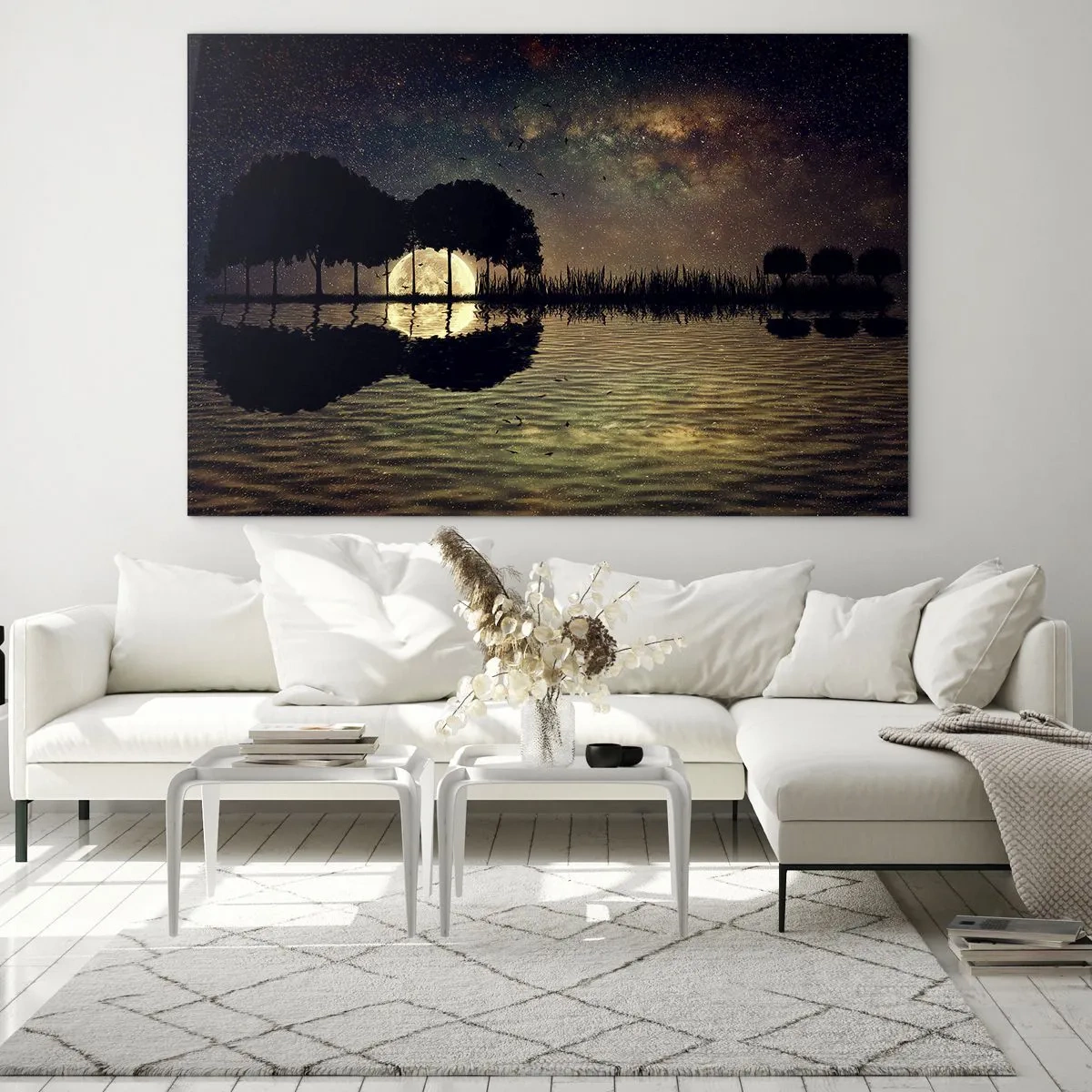 Tablou pe sticlă - Scenă nocturnă cu lună plină reflectată în apă - 70x50cm - O noapte la capătul lumii - Decorațiune modernă pentru perete pentru living și dormitor ARTTOR