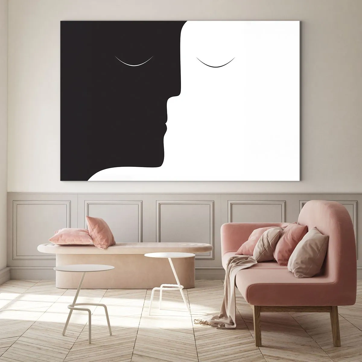 Tablou pe sticlă - Fețe minimaliste alb-negru formând o unitate - 70x50cm - Unitatea contrariilor - Decorațiune modernă pentru perete pentru living și dormitor ARTTOR