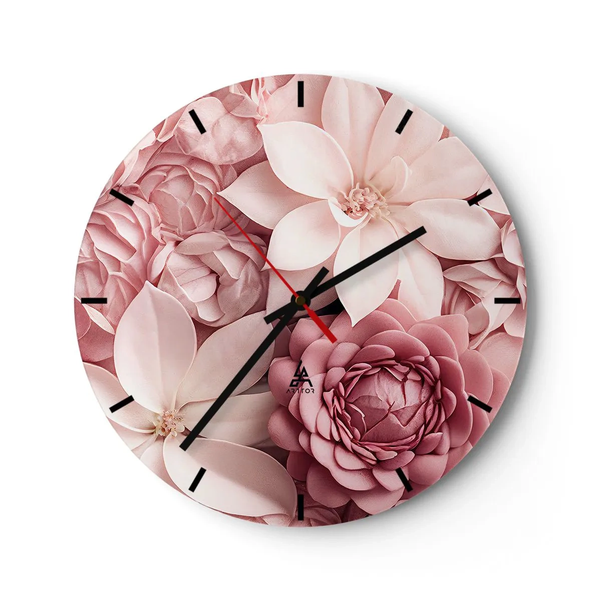 Ceas de perete - Ceas pe sticlă - O compoziție de flori roz de diferite nuanțe și forme - 30x30cm - În petale roz - Decorațiune modernă pentru perete pentru living, bucătărie și dormitor ARTTOR