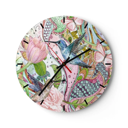 Ceas de perete - Ceas pe sticlă - Colibri și flori colorate pe un fundal de modele artistice - 30x30cm - Încurcat în viță de vie - Decorațiune modernă pentru perete pentru living, bucătărie și dormitor ARTTOR