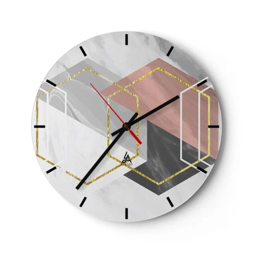 Ceas de perete - Ceas pe sticlă - Forme geometrice cu blocuri de culoare și linii aurii - 30x30cm - Compoziția lanțului - Decorațiune modernă pentru perete pentru living, bucătărie și dormitor ARTTOR