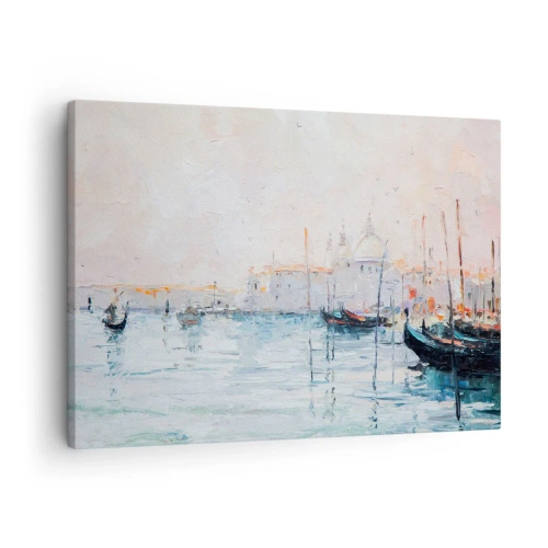 Tablou pe pânză Canvas - Vedere pitorească a canalelor cu bărci în culori pastelate - 70x50cm - În spatele apei, în spatele ceții - Decorațiune modernă pentru perete pentru living și dormitor ARTTOR