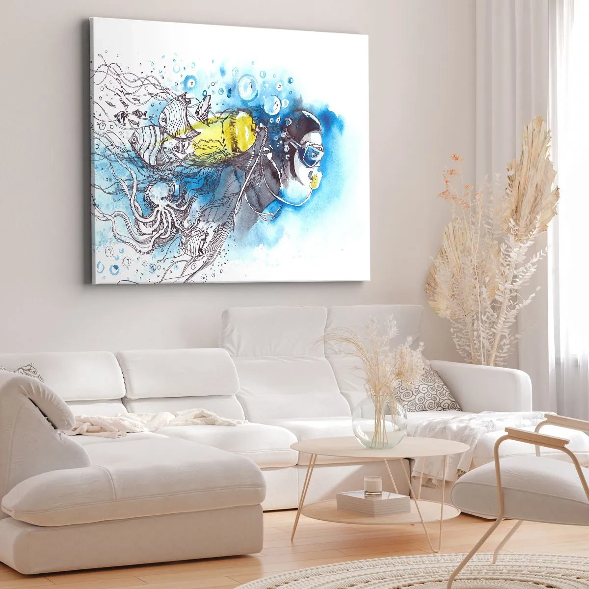Tablou pe pânză Canvas - Scenă subacvatică cu un scafandru și pești exotici - 70x50cm - Marele albastru - Decorațiune modernă pentru perete pentru living și dormitor ARTTOR