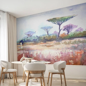 Tapet Standard Eco - Un peisaj de savană în acuarelă cu copaci caracteristici - 100x70cm - Culorile savanei - Decorațiune modernă pentru perete pentru living și dormitor ARTTOR