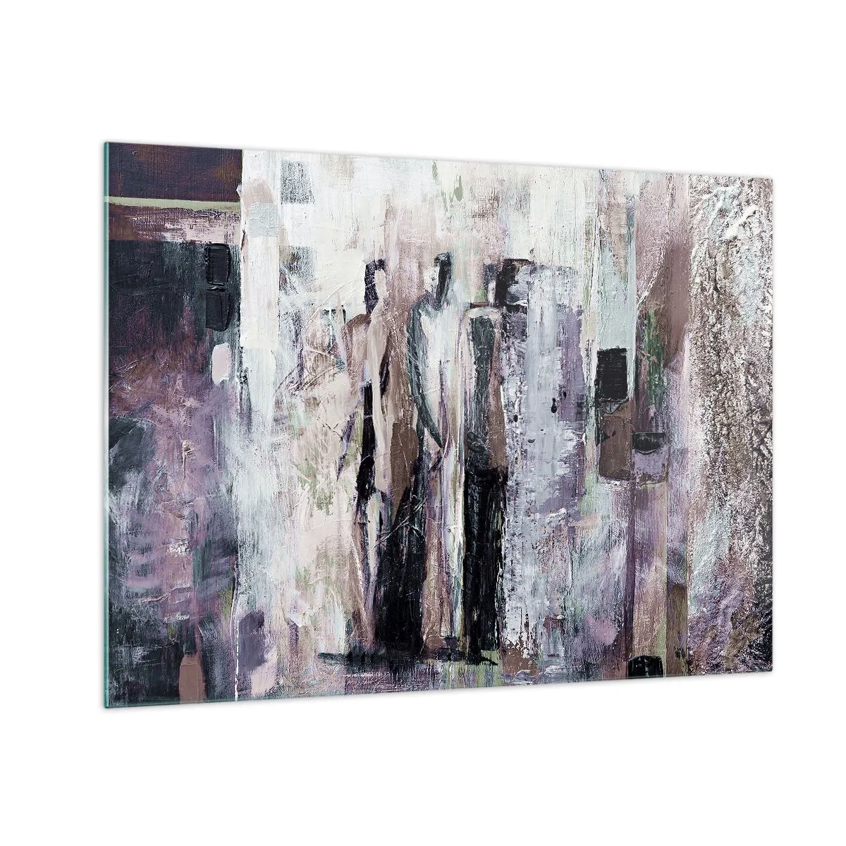 Tablou pe sticlă - Siluete abstracte de figuri pe un fundal texturat de vopsea - 70x50cm - Cei trei misterioși - Decorațiune modernă pentru perete pentru living și dormitor ARTTOR