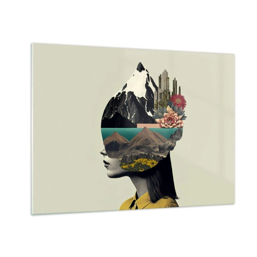 Tablou pe sticlă - Silueta unei femei cu un peisaj montan și floră în cap - 70x50cm - Femeia - întotdeauna un mister - Decorațiune modernă pentru perete pentru living și dormitor ARTTOR