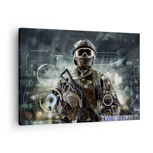 Tablou pe pânză Canvas - Un soldat într-o cască futuristă cu o armă în fundalul tehnologiei. - 70x50cm - Putere la putere - Decorațiune modernă pentru perete pentru living și dormitor ARTTOR
