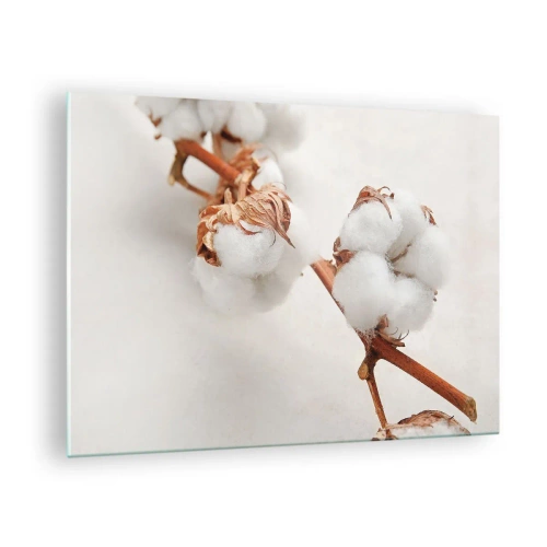 Tablou pe sticlă - Prim-plan al unei crengi de bumbac pe un fundal deschis - 70x50cm - Numai îmbrățișări - Decorațiune modernă pentru perete pentru living și dormitor ARTTOR