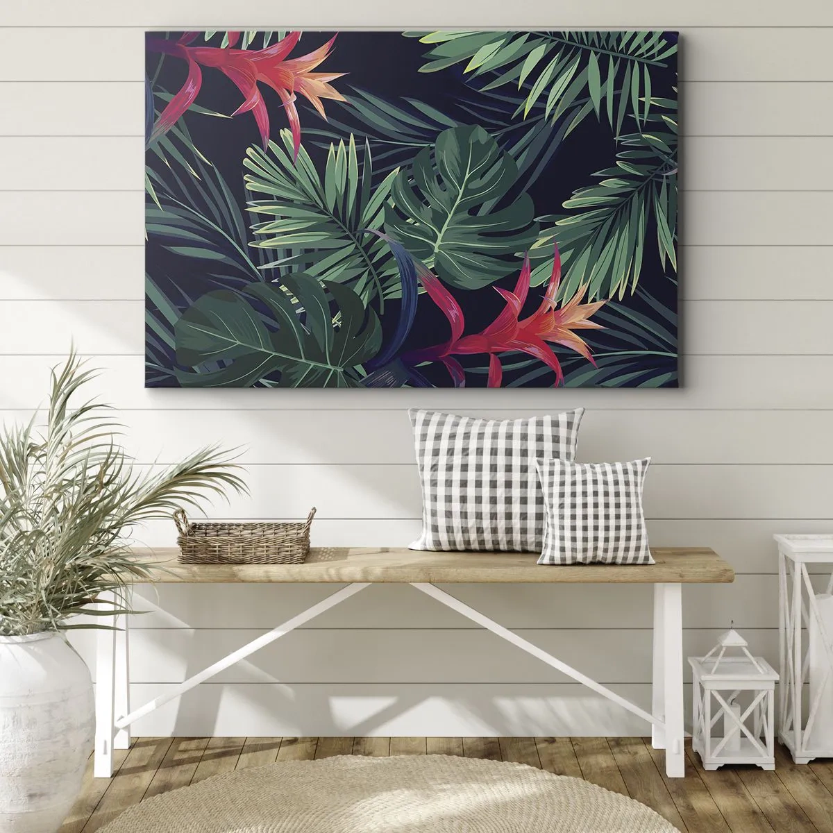 Tablou pe pânză Canvas - Frunze și flori tropicale pe un fundal întunecat - 70x50cm - Flacăra verde - Decorațiune modernă pentru perete pentru living și dormitor ARTTOR