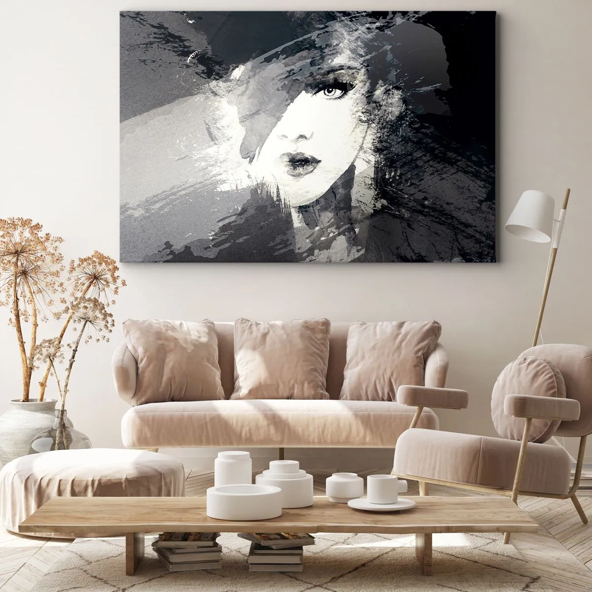 Tablou pe pânză Canvas - Un portret abstract al unei femei în nuanțe de gri cu accente delicate. - 70x50cm - Din spatele unui voal gri - Decorațiune modernă pentru perete pentru living și dormitor ARTTOR