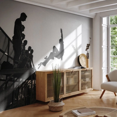 Tapet Standard Eco - Scenă de skateboarding alb-negru pe o rampă - 100x70cm - Eroi și spectatori - Decorațiune modernă pentru perete pentru living și dormitor ARTTOR