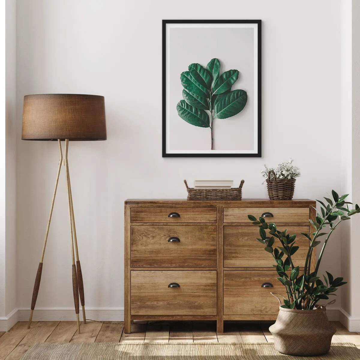 Poster în ramă neagră - O ramură cu frunze verde închis pe un fundal deschis - 50x70cm - Desenul naturii însăși - Decorațiune modernă pentru perete pentru living și dormitor ARTTOR
