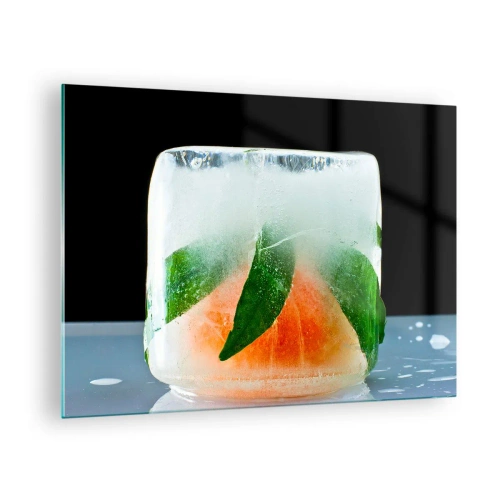 Tablou pe sticlă - Fructe și frunze congelate în gheață limpede - 70x50cm - Proaspăt și răcoros - Decorațiune modernă pentru perete pentru living și dormitor ARTTOR