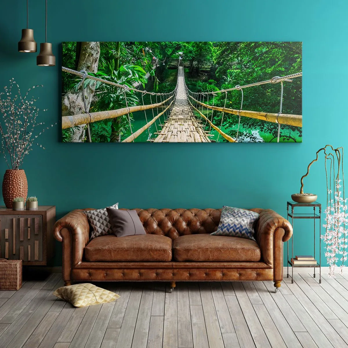Tablou pe pânză - Pod de maimuțe peste verdeață - 100x40 cm