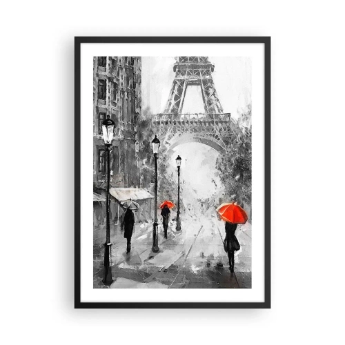 Poster în ramă neagră - Turnul Eiffel alb-negru cu umbrele roșii în ploaie - 50x70cm - Toate drumurile duc la el - Decorațiune modernă pentru perete pentru living și dormitor ARTTOR