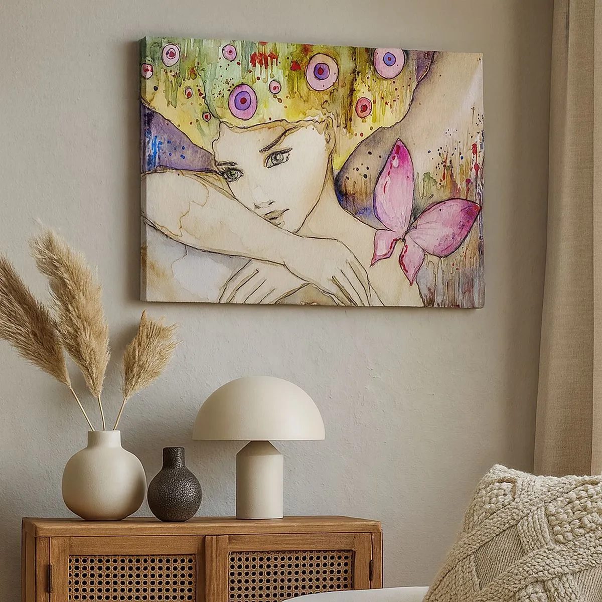 Tablou pe pânză Canvas - O femeie cu o coafură abstractă și un fluture roz - 70x50cm - Prințesa fluture - Decorațiune modernă pentru perete pentru living și dormitor ARTTOR