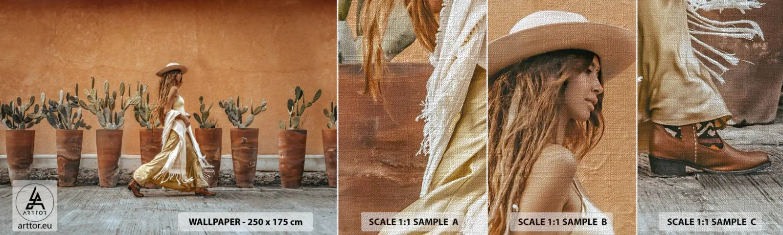Mostră tapet Premium Canvas - În stilul hippie - Boho, Femeie, Cactusi - 100x30 cm