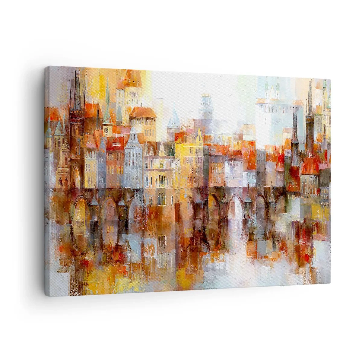 Tablou pe pânză Canvas - O panoramă pitorească a orașului cu un pod în culorile toamnei - 70x50cm - Frumos și sub pod - Decorațiune modernă pentru perete pentru living și dormitor ARTTOR