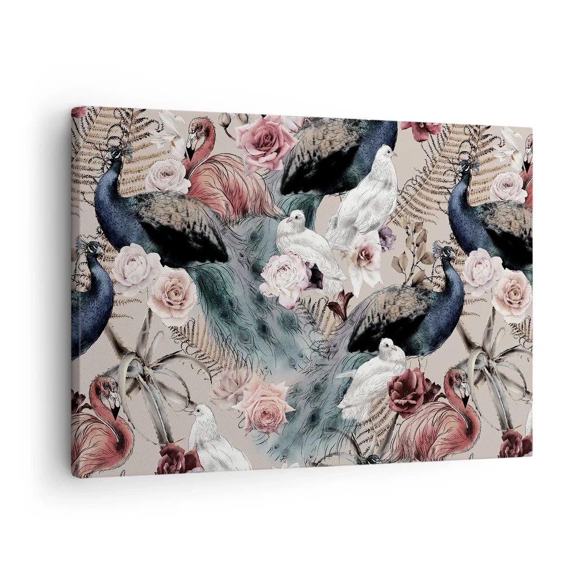 Tablou pe pânză Canvas - Un peisaj cu pene de păun, trandafiri și păsări într-un stil romantic. - 70x50cm - În grădina palatului - Decorațiune modernă pentru perete pentru living și dormitor ARTTOR
