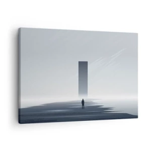 Tablou pe pânză Canvas - Un peisaj minimalist cu o siluetă lângă un monolit dreptunghiular - 70x50cm - Oportunitate sau amenințare? - Decorațiune modernă pentru perete pentru living și dormitor ARTTOR