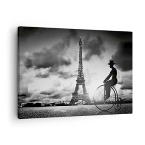 Tablou pe pânză Canvas - Imagine alb-negru a unei biciclete retro cu Turnul Eiffel în fundal - 70x50cm - Dorul de Belle Epoque - Decorațiune modernă pentru perete pentru living și dormitor ARTTOR