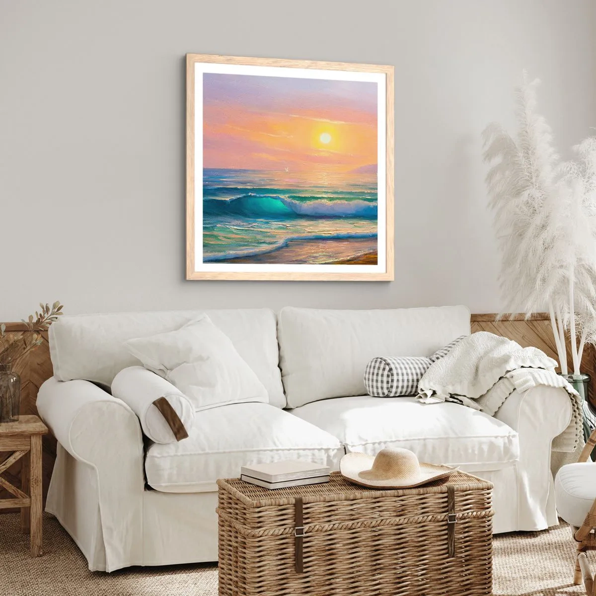 Poster în ramă de stejar deschis - Cântecul turcoaz al valurilor - 60x60 cm