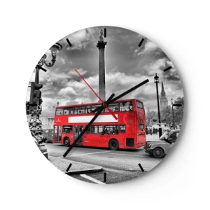 Ceas de perete - Ceas pe sticlă - Un autobuz roșu cu etaj pe fundalul orizontului londonez - 30x30cm - Adevărata forță vitală a orașului - Decorațiune modernă pentru perete pentru living, bucătărie și dormitor ARTTOR