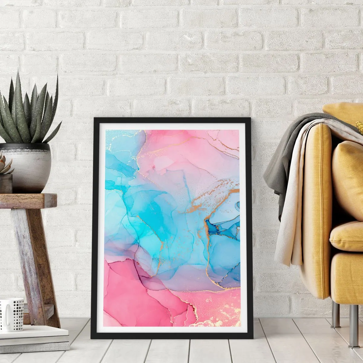 Poster în ramă neagră - Pete abstracte în nuanțe de roz, albastru și auriu - 50x70cm - Întâlnire și întrepătrundere - Decorațiune modernă pentru perete pentru living și dormitor ARTTOR