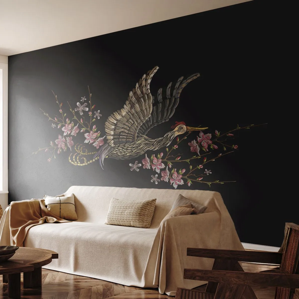 Tapet Premium Sand - Pasăre exotică brodată - Pasăre, Grafică, Flori - 250x175 cm