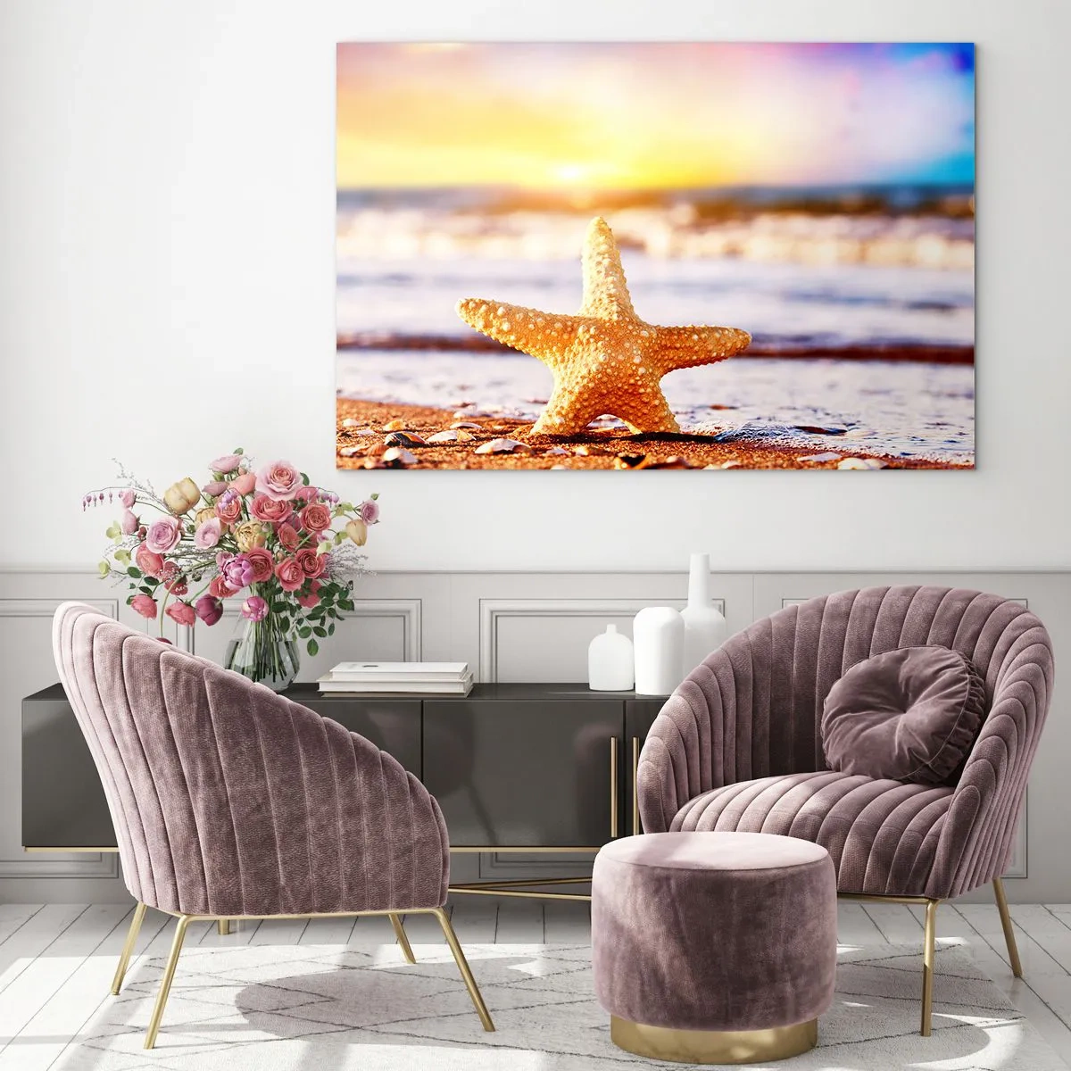 Tablou pe sticlă - Stea de mare pe plajă în lumina soarelui care apune - 70x50cm - Cadou maritim - Decorațiune modernă pentru perete pentru living și dormitor ARTTOR