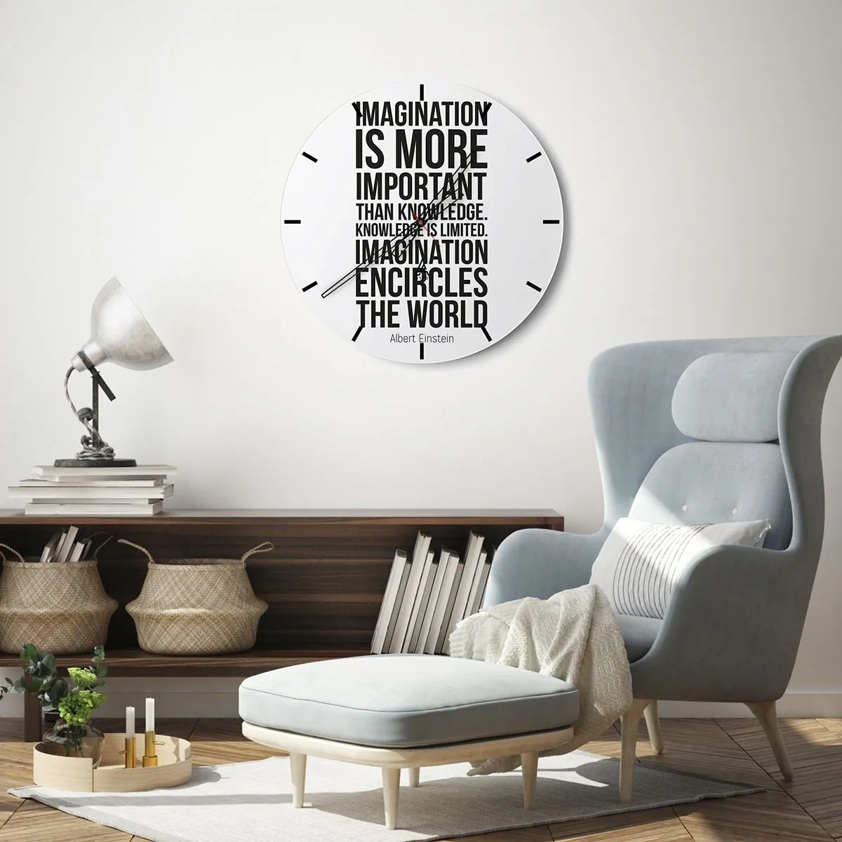 Ceas de perete - Ceas pe sticlă - Citat inspirațional de Albert Einstein - 30x30cm - Einstein despre puterea imaginației - Decorațiune modernă pentru perete pentru living, bucătărie și dormitor ARTTOR
