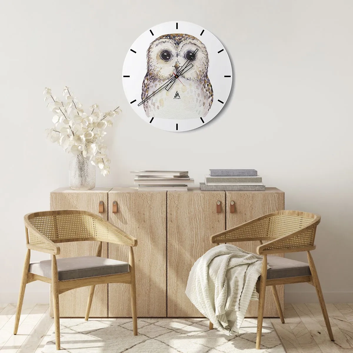 Ceas de perete - Ceas pe sticlă - Bufniță în acuarelă cu ochi mari pe fundal alb - 30x30cm - Uită-te în ochii mei - Decorațiune modernă pentru perete pentru living, bucătărie și dormitor ARTTOR