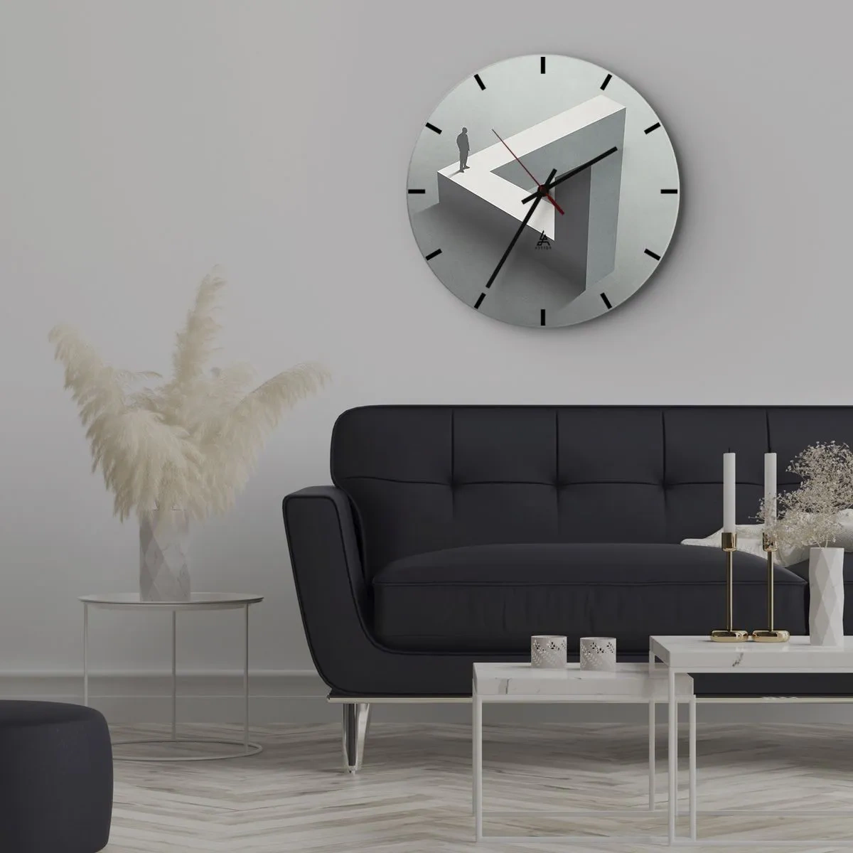 Ceas de perete - Ceas pe sticlă - Un bărbat stă deasupra unei figuri geometrice imposibile. - 30x30cm - Și totuși este posibil - Decorațiune modernă pentru perete pentru living, bucătărie și dormitor ARTTOR