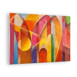 Tablou pe sticlă - Abstracție colorată cu forme geometrice - 70x50cm - Catedrala Soarelui - Decorațiune modernă pentru perete pentru living și dormitor ARTTOR