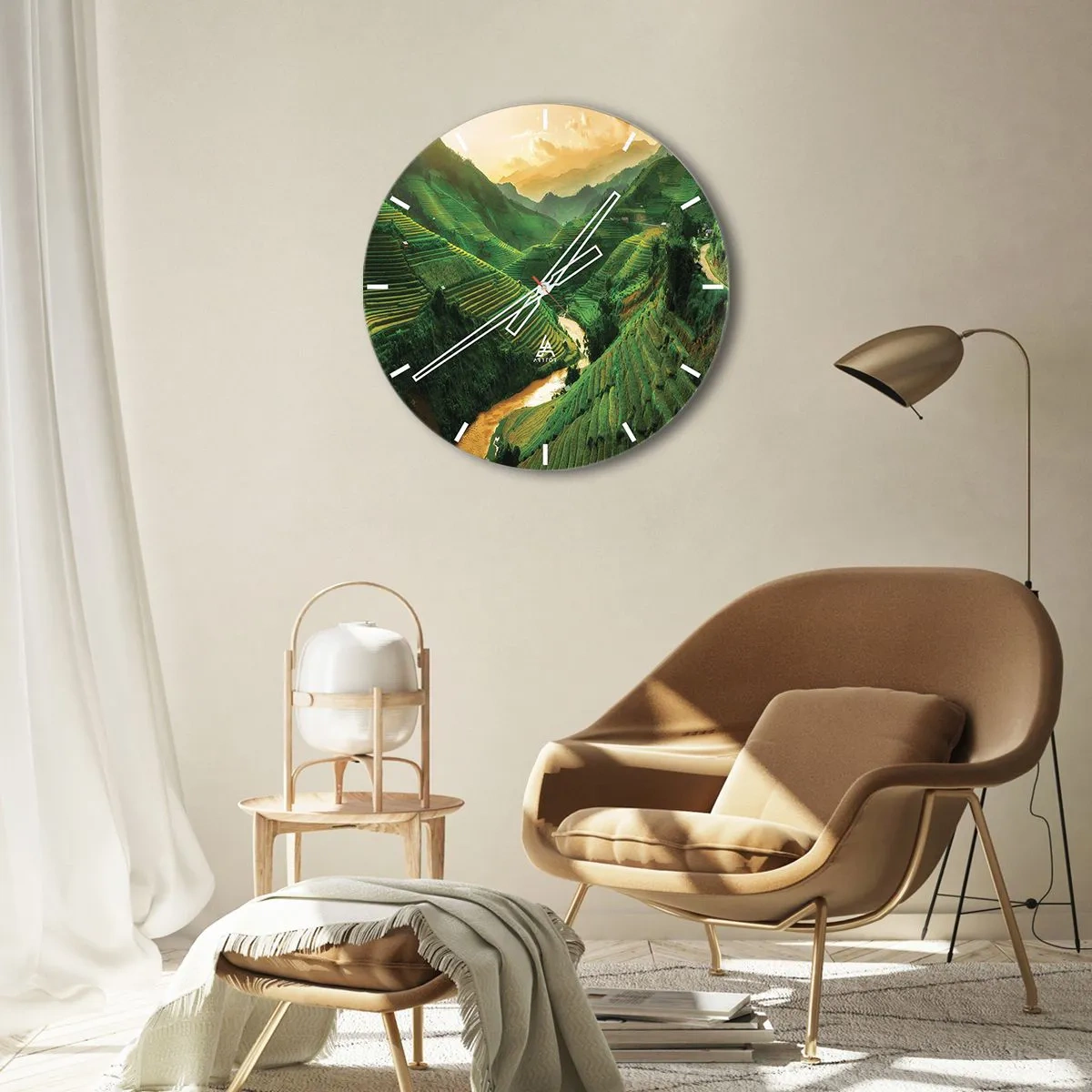 Ceas de perete - Ceas pe sticlă - Terase de orez printre munți la apus - 30x30cm - Valea vietnameză - Decorațiune modernă pentru perete pentru living, bucătărie și dormitor ARTTOR