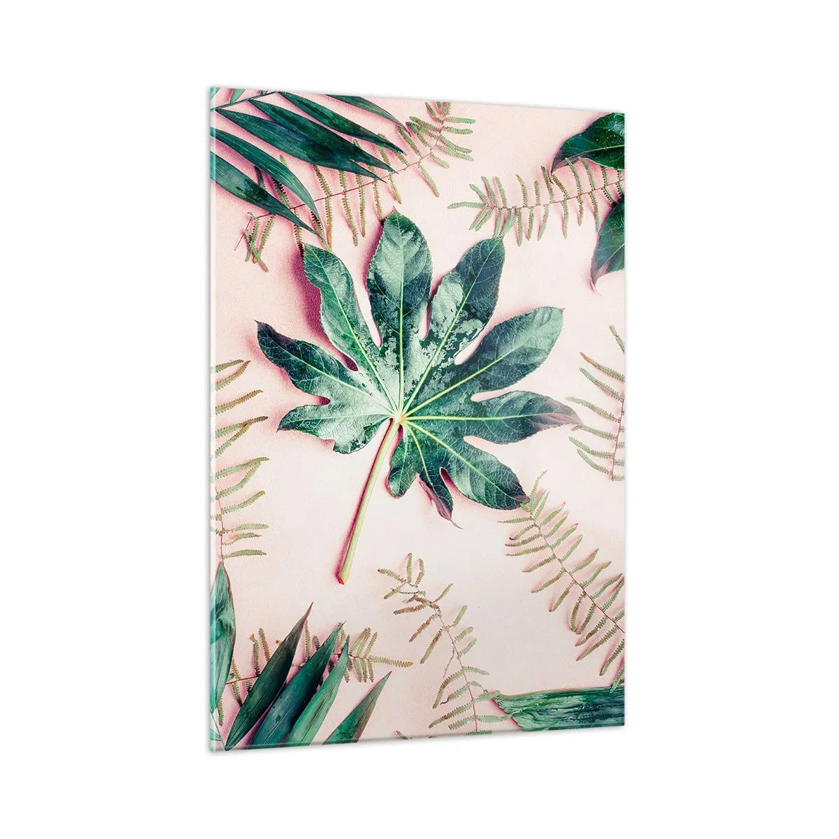 Tablou pe sticlă - Studiu de verdeață pe un fundal roz - 50x70 cm