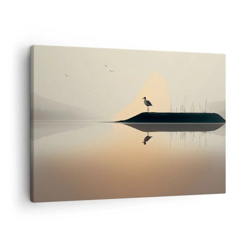 Tablou pe pânză Canvas - O pasăre pe o insulă într-un lac liniștit, cu nuanțe calde - 70x50cm - Domn pe lac - Decorațiune modernă pentru perete pentru living și dormitor ARTTOR