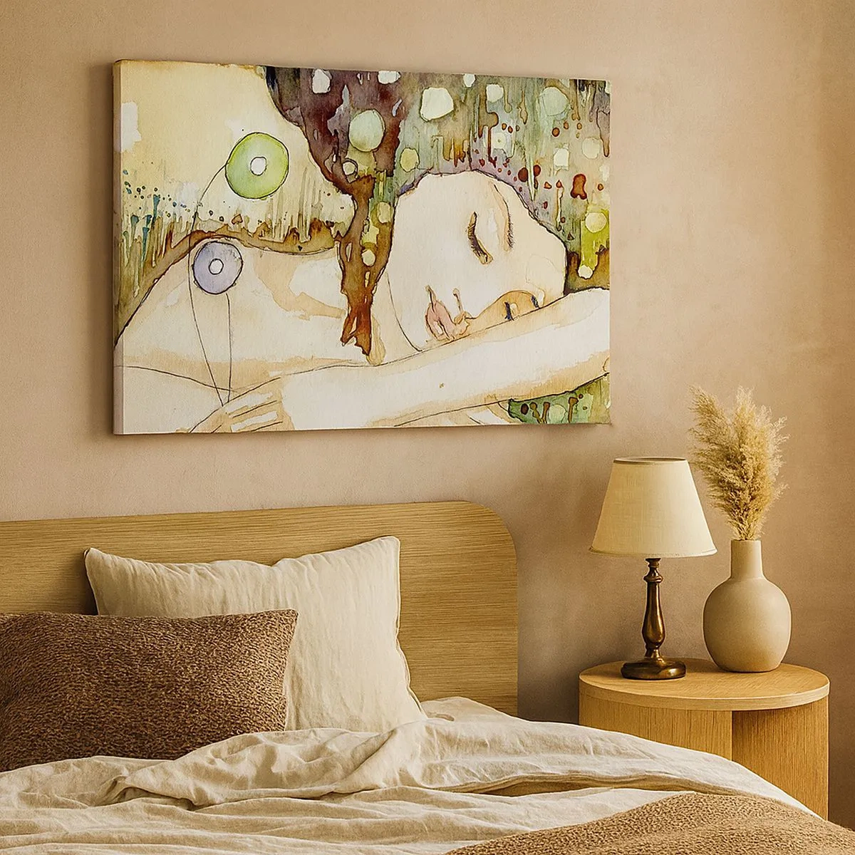 Tablou pe pânză Canvas - O femeie visând înconjurată de forme și culori abstracte. - 70x50cm - Visul violet smarald - Decorațiune modernă pentru perete pentru living și dormitor ARTTOR