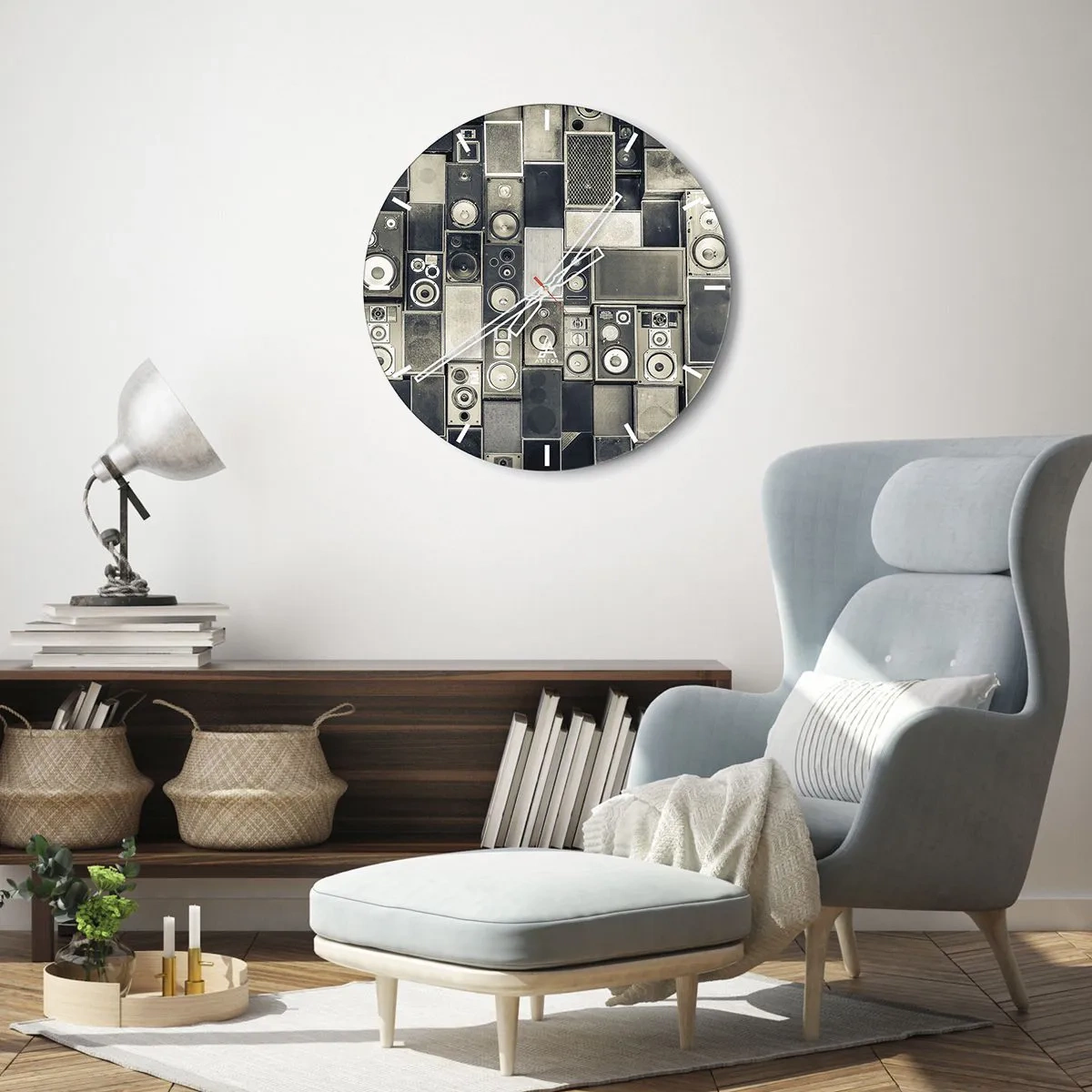 Ceas de perete - Ceas pe sticlă - Set de boxe în stil retro - 30x30cm - Și totul este în regulă - Decorațiune modernă pentru perete pentru living, bucătărie și dormitor ARTTOR