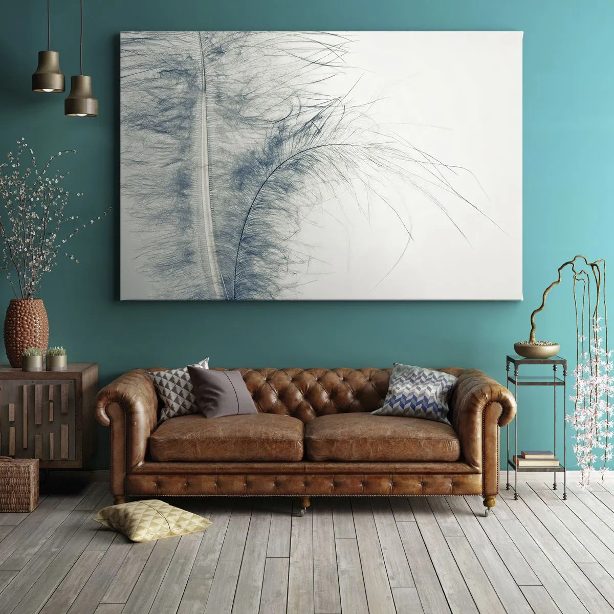 Tablou pe pânză Canvas - O pană delicată în nuanțe pastelate pe un fundal deschis - 70x50cm - Șoapta naturii - Decorațiune modernă pentru perete pentru living și dormitor ARTTOR