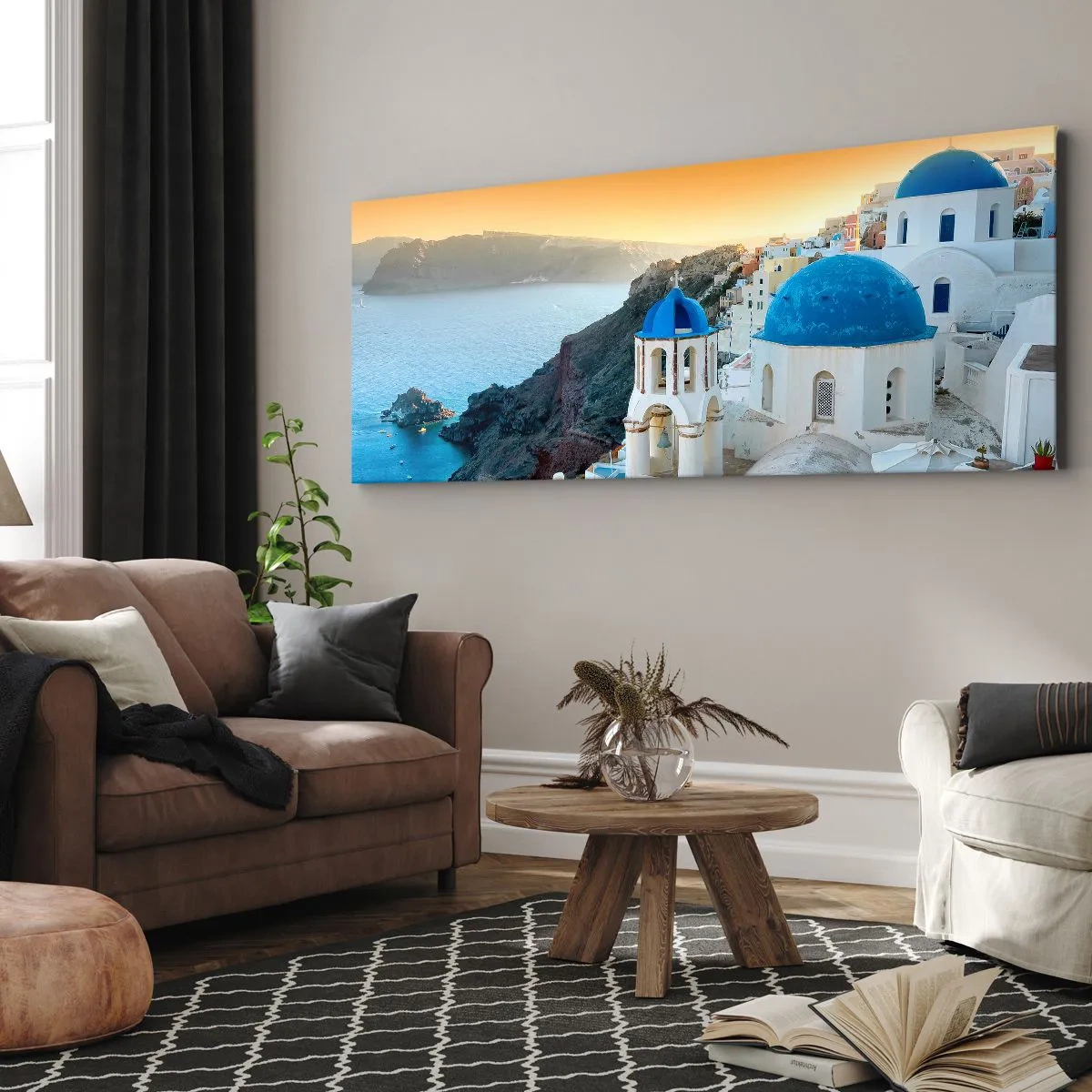 Tablou pe pânză - Santorini - îmbrățișat de stânci - 100x40 cm